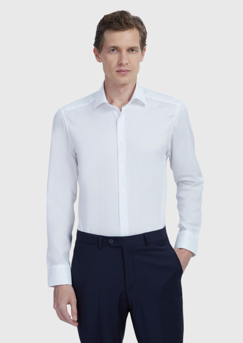Beyaz Regular Fit Dokuma Klasik %100 Pamuk Gömlek - 1