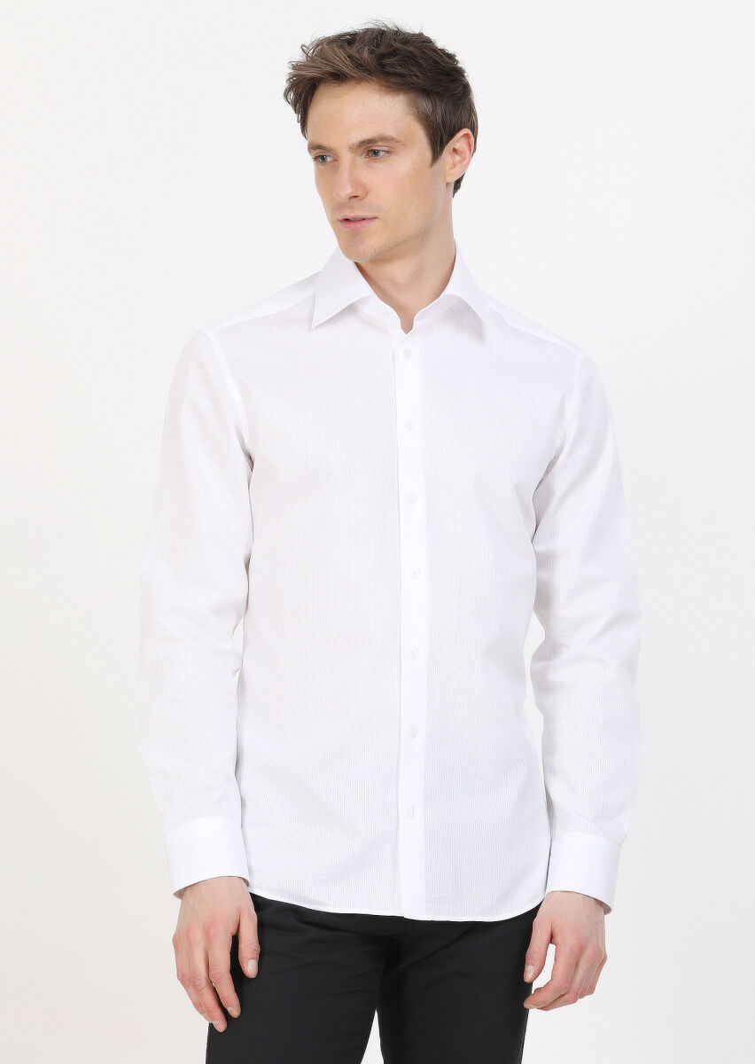 Beyaz Slim Fit Dokuma Klasik %100 Pamuk Gömlek - 1