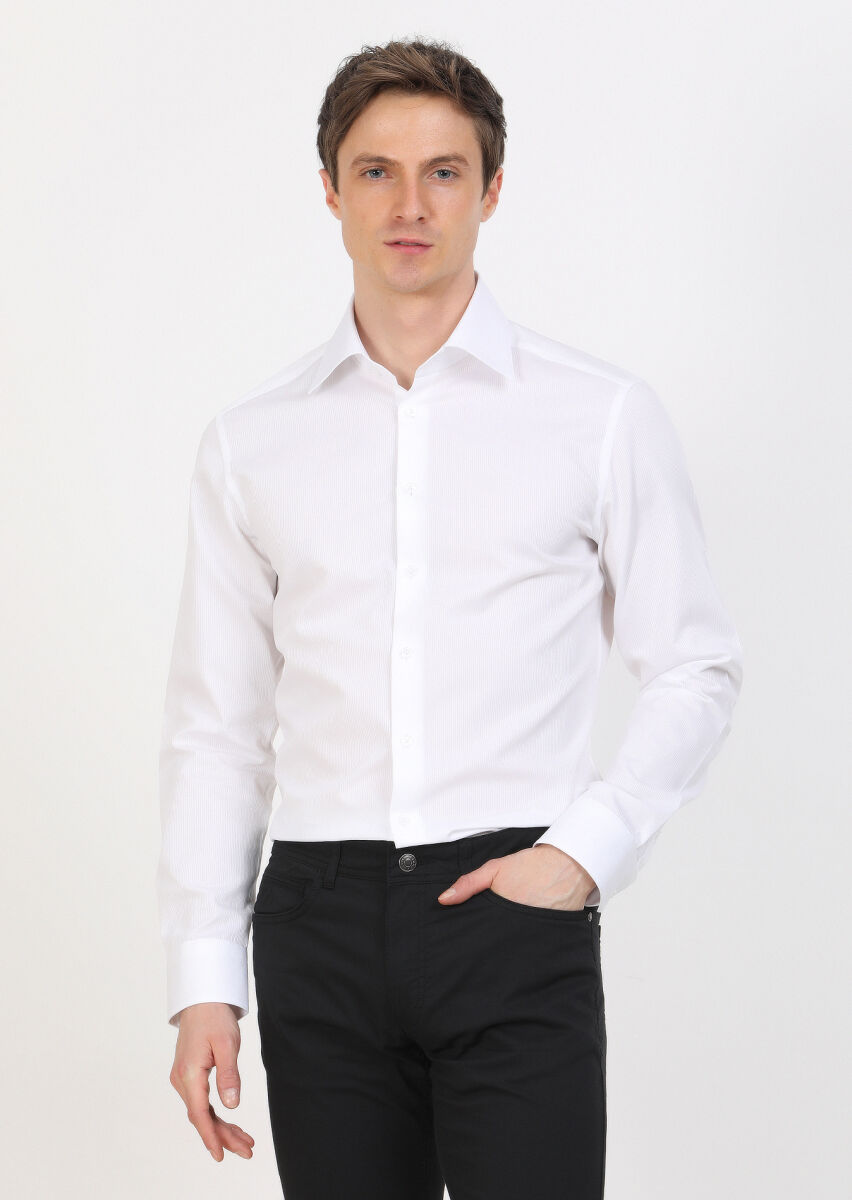Beyaz Slim Fit Dokuma Klasik %100 Pamuk Gömlek - 3