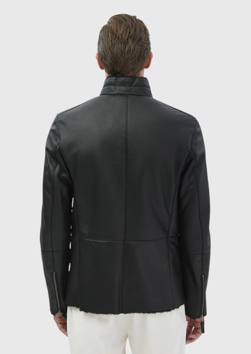 Black Fur Leather Coat - 9