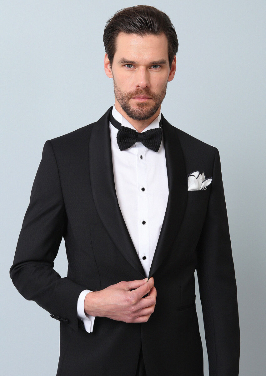 Black Patterned Modern Fit Shawl Collar Weaving Tuxedo - 2