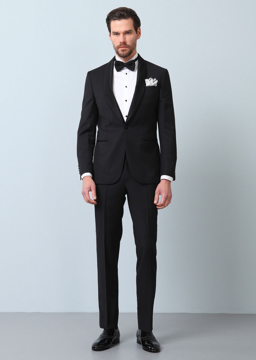 Black Patterned Modern Fit Shawl Collar Weaving Tuxedo - 3