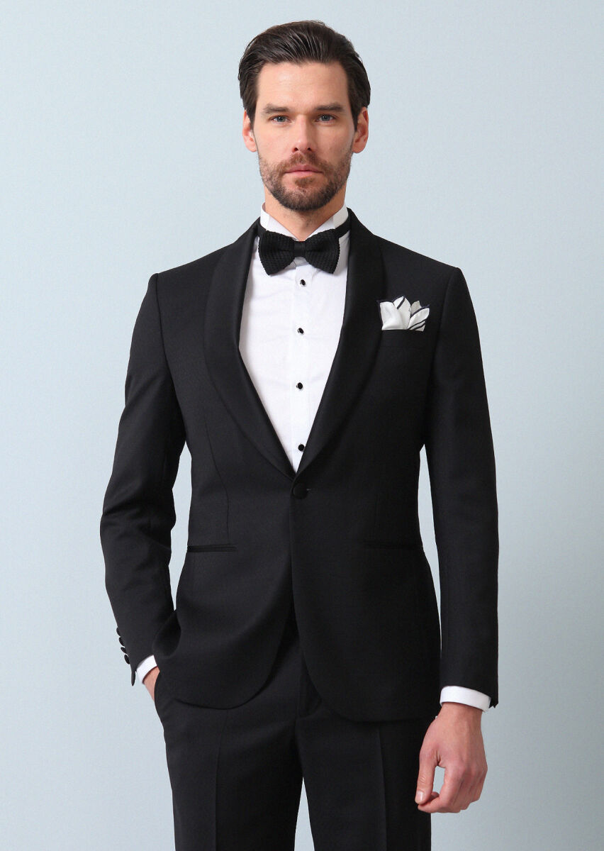 Black Patterned Modern Fit Shawl Collar Weaving Tuxedo - 4