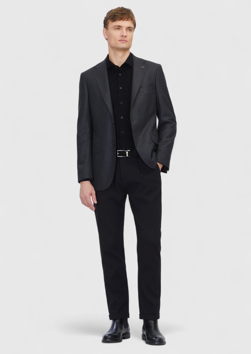 Black Patterned Regular Fit 100% Wool Jacket - RAMSEY