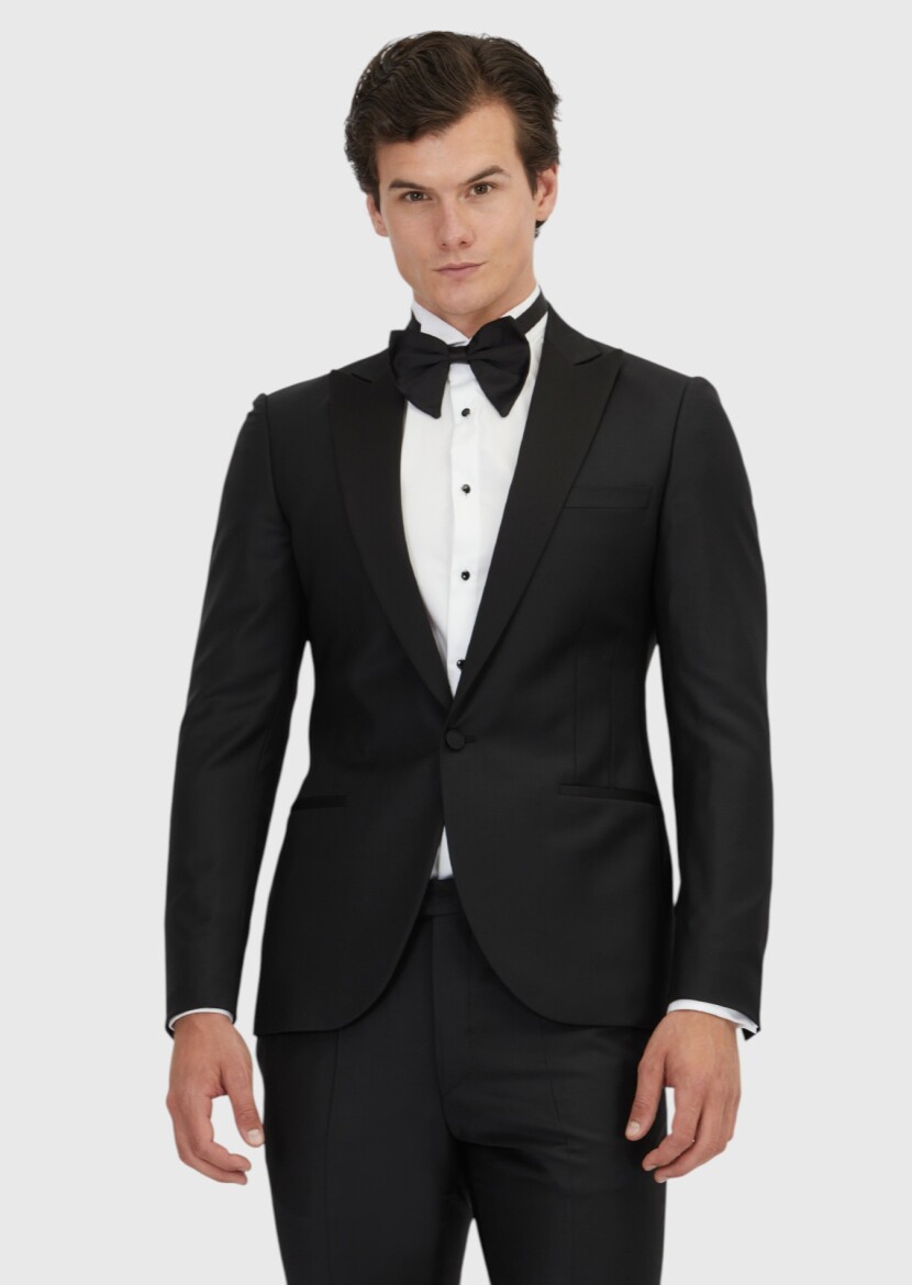 Black Plain Fashion Slim Fit Double Breasted Collar Weaving Tuxedo - RAMSEY
