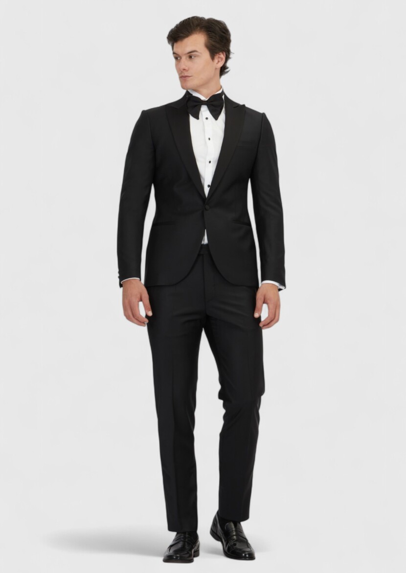 Black Plain Fashion Slim Fit Double Breasted Collar Weaving Tuxedo - RAMSEY
