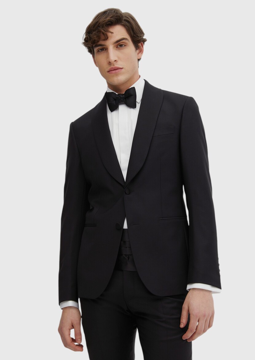 Black Plain Modern Fit Butterfly Collar Weaving Tuxedo - RAMSEY