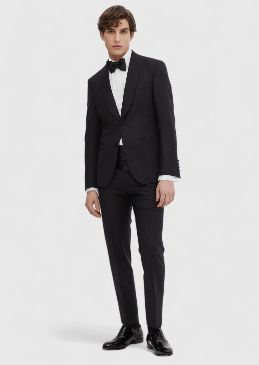 Black Plain Modern Fit Butterfly Collar Weaving Tuxedo - RAMSEY