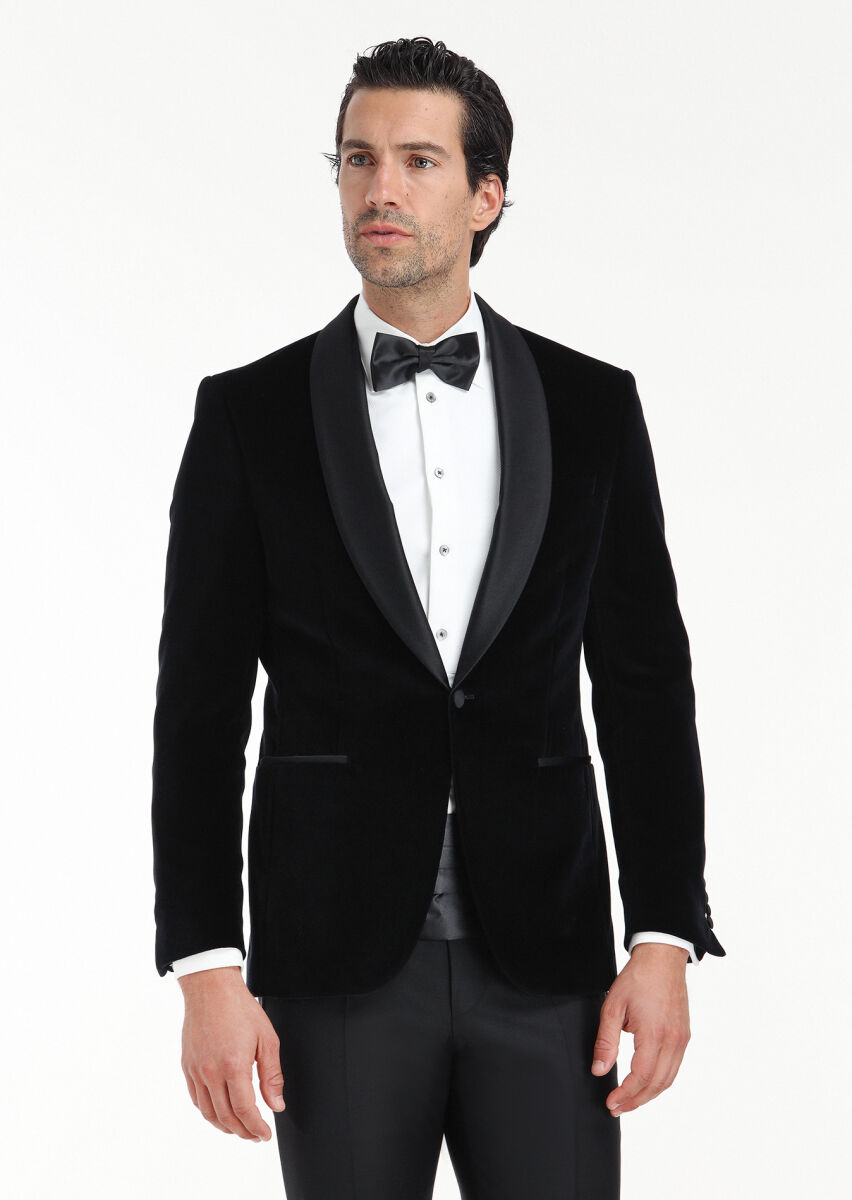 Black Plain Modern Fit Shawl Collar Weaving Tuxedo - 2