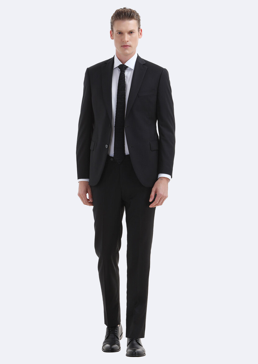 Black Plain Regular Fit 100% Wool Suit - 1
