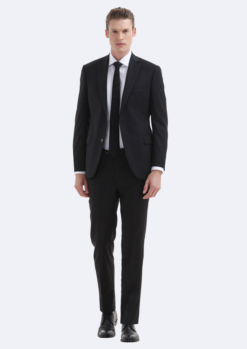 Black Plain Regular Fit 100% Wool Suit - 1