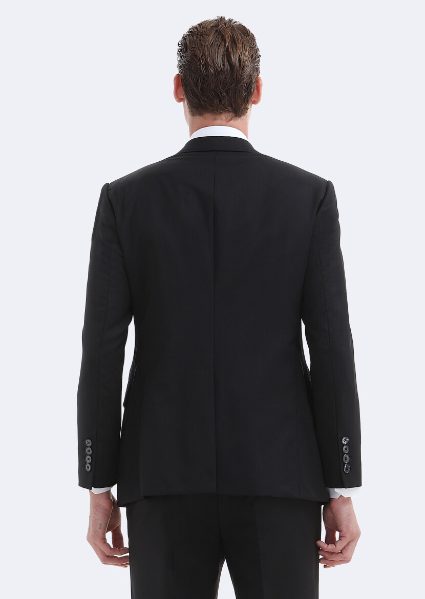 Black Plain Regular Fit 100% Wool Suit - 6