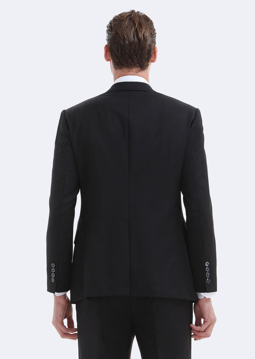 Black Plain Regular Fit 100% Wool Suit - 6