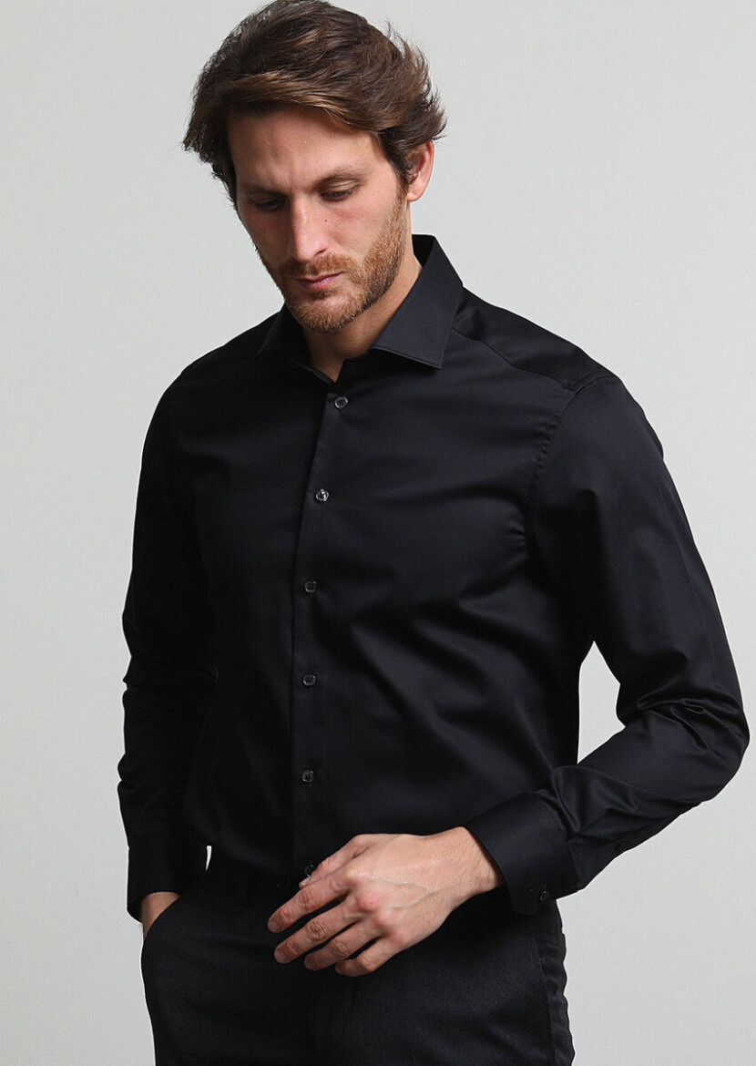 Black Plain Regular Fit Weaving Classical 100% Cotton Shirt 