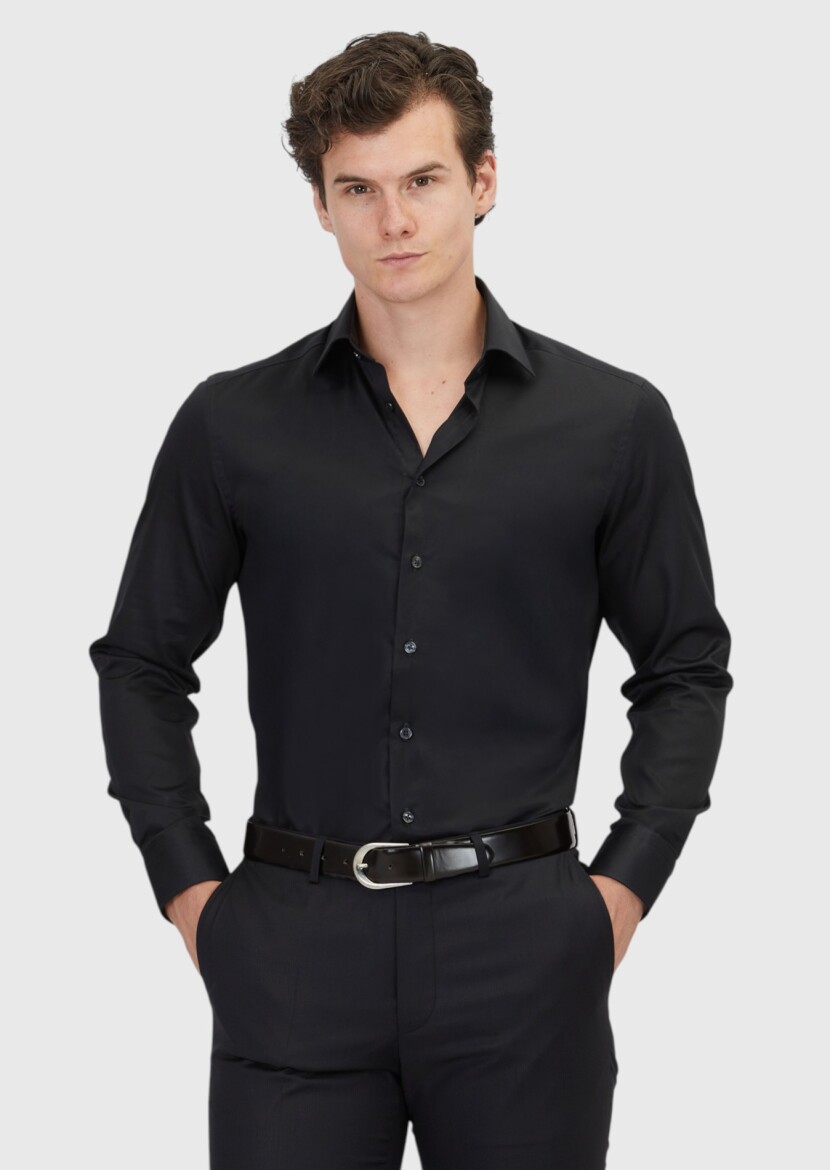 Black Plain Regular Fit Weaving Classical 100% Cotton Shirt - RAMSEY