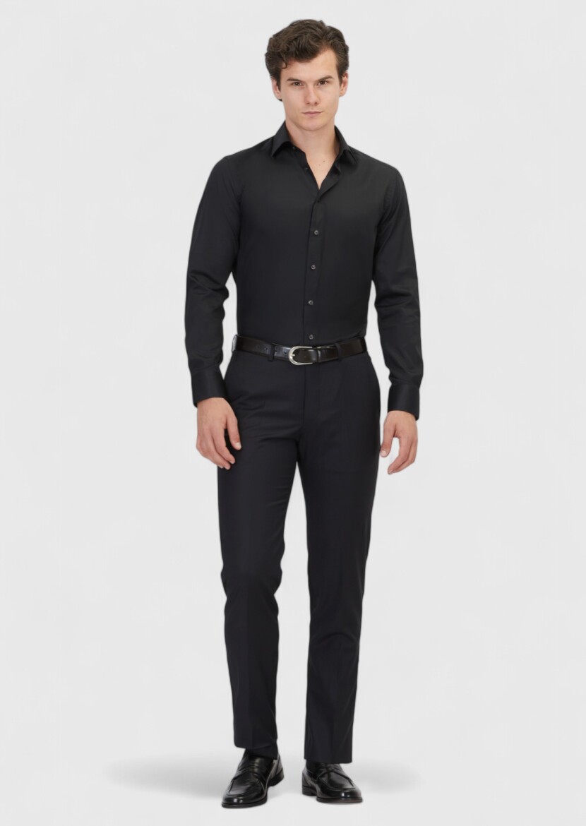 Black Plain Regular Fit Weaving Classical 100% Cotton Shirt - RAMSEY
