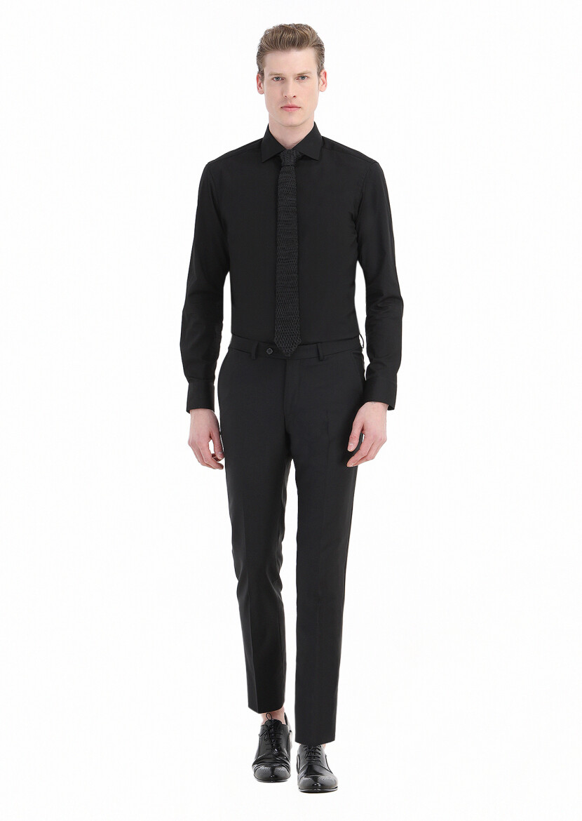 Black Plain Regular Fit Weaving Classical Cotton Blended Shirt - 1