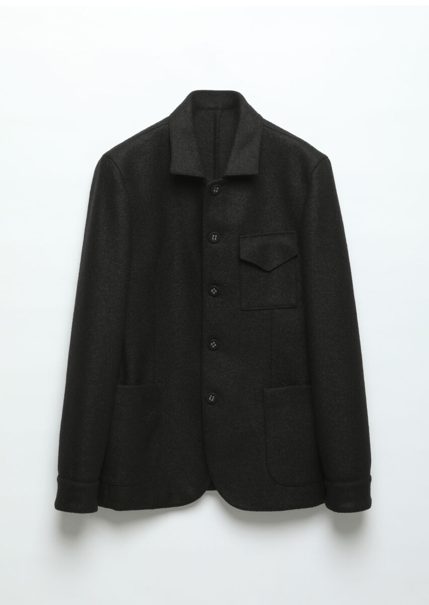 Black Plain Shirt Shoulder Slim Fit 100% Wool Jacket - 7