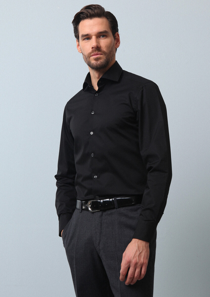 Black Plain Slim Fit Weaving Classical Cotton Blended Shirt - 1