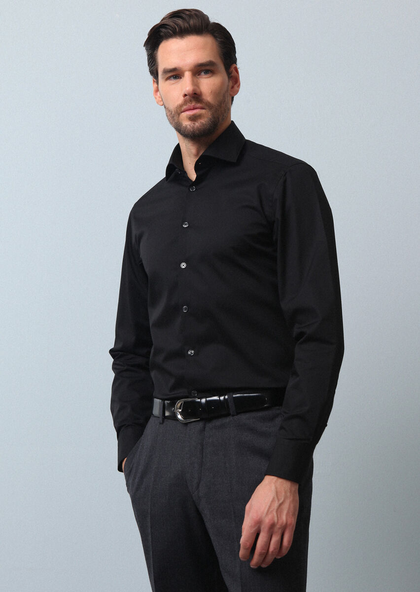 Black Plain Slim Fit Weaving Classical Cotton Blended Shirt - 1