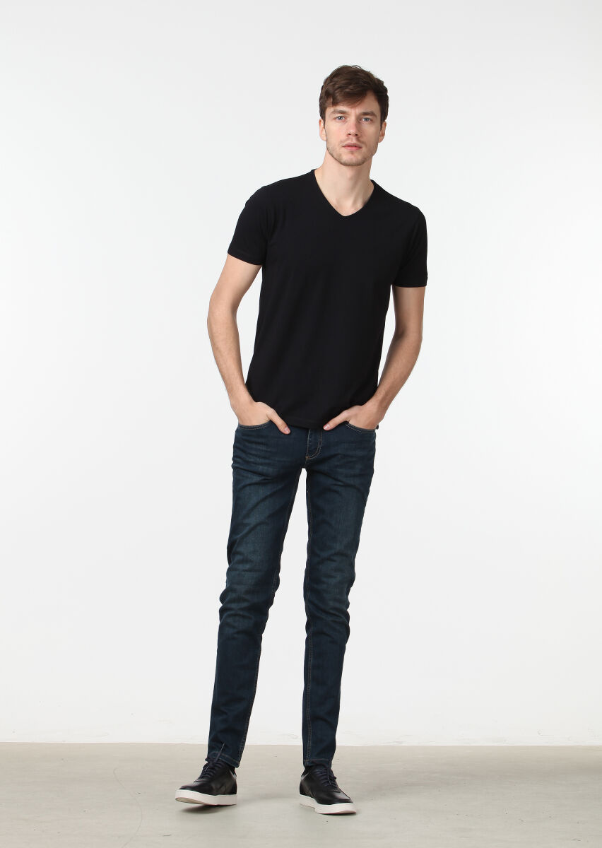 Black Plain V-Neck Cotton Blended T-Shirt - 2