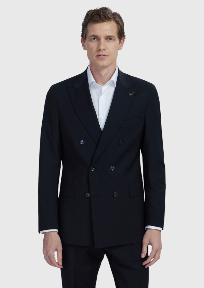 Black Plain Wool Blended Suit - 1