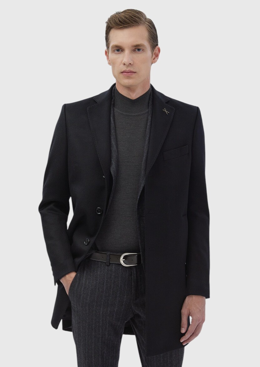 Black Regular Fit Butterfly Collar Classical Weaving Overcoat - RAMSEY
