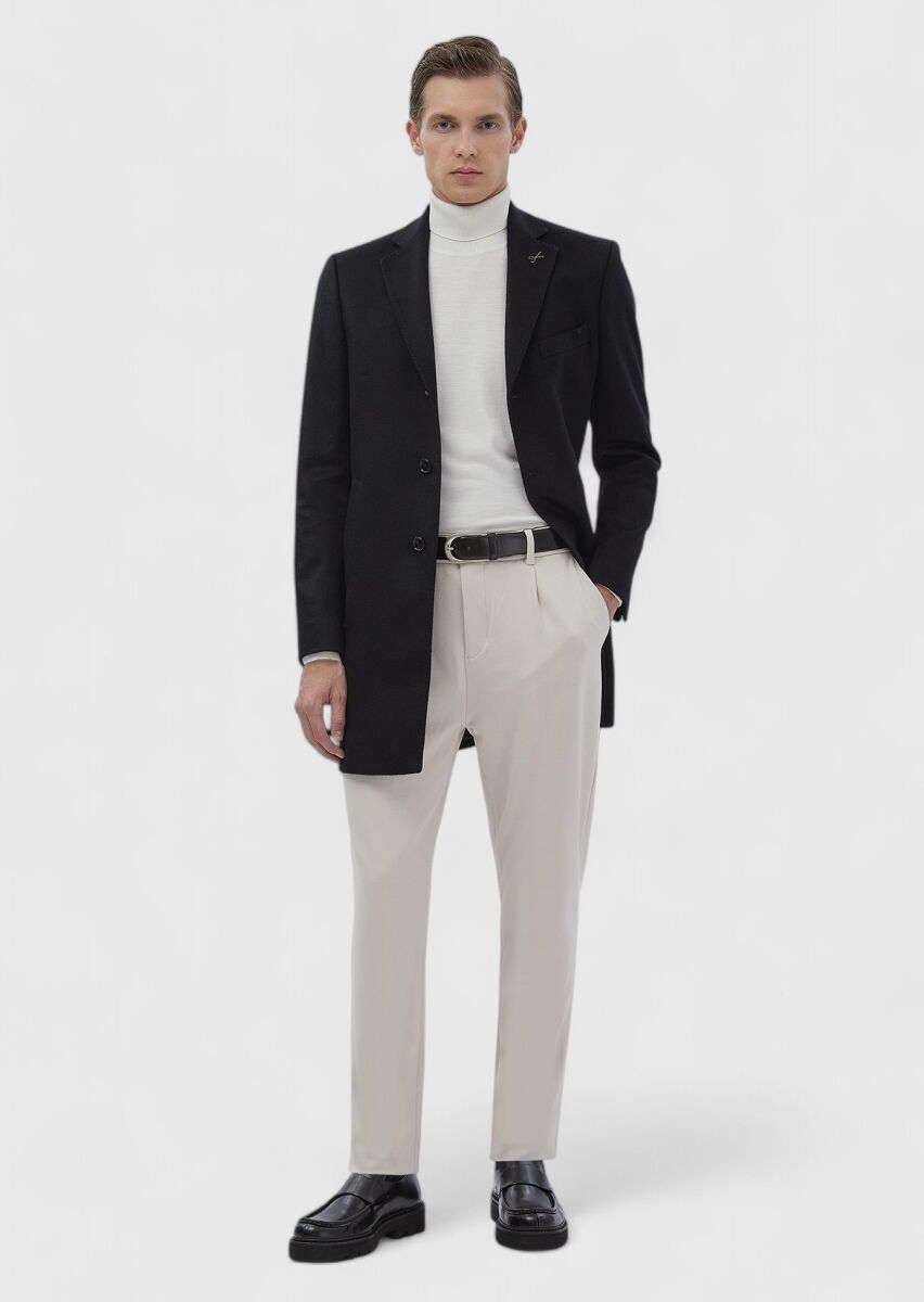 Black Regular Fit Butterfly Collar Classical Weaving Overcoat - 3