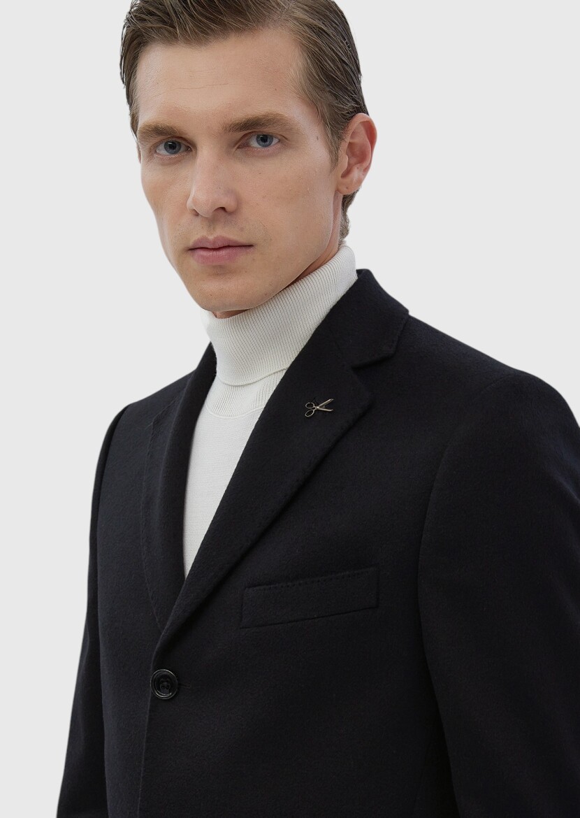 Black Regular Fit Butterfly Collar Classical Weaving Overcoat - 6