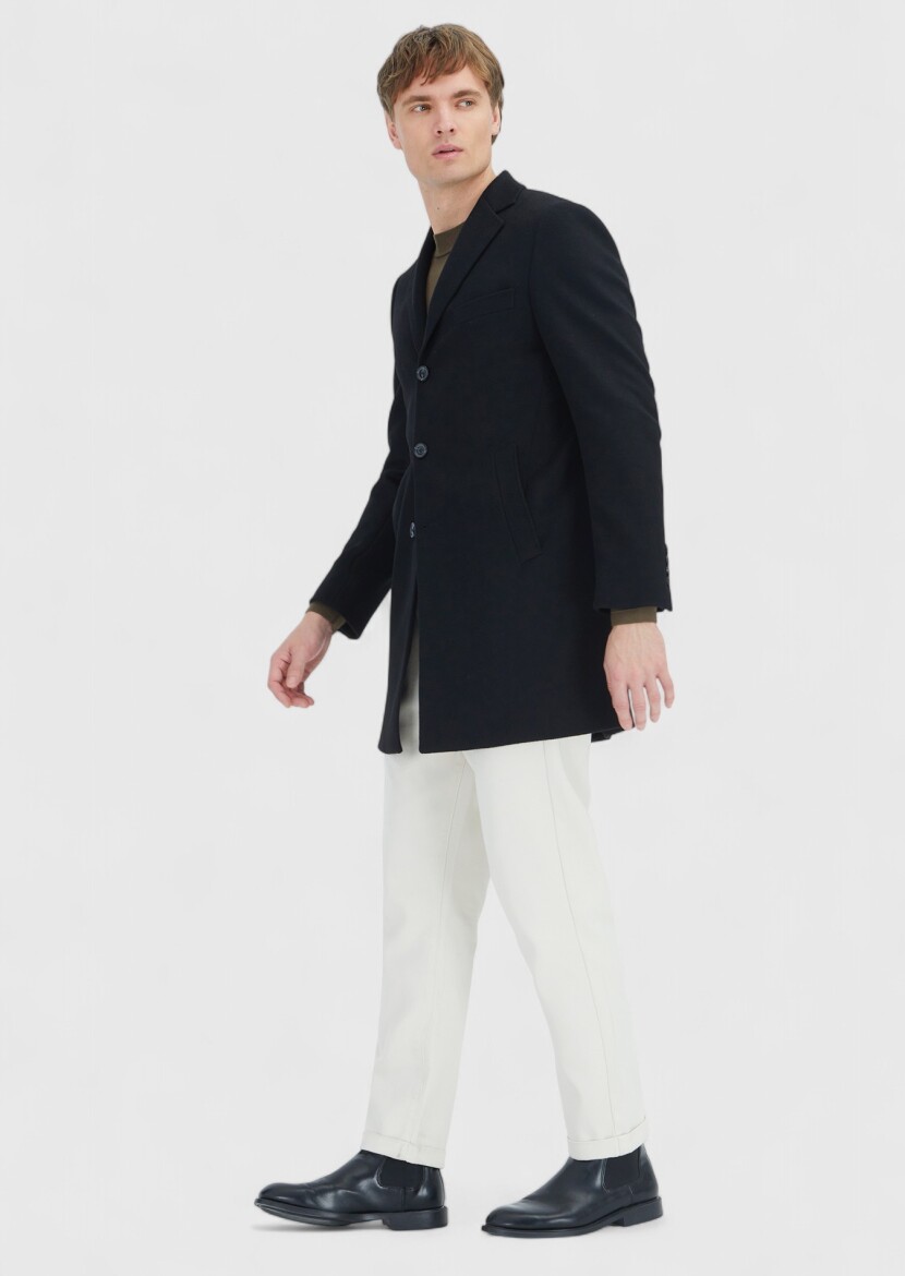 Black Regular Fit Butterfly Collar Classical Weaving Overcoat - RAMSEY