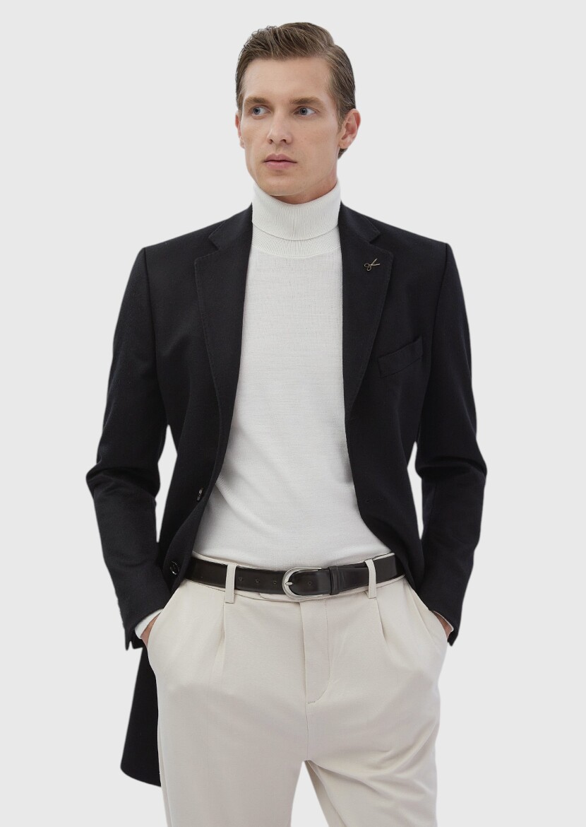 Black Regular Fit Butterfly Collar Classical Weaving Overcoat - RAMSEY