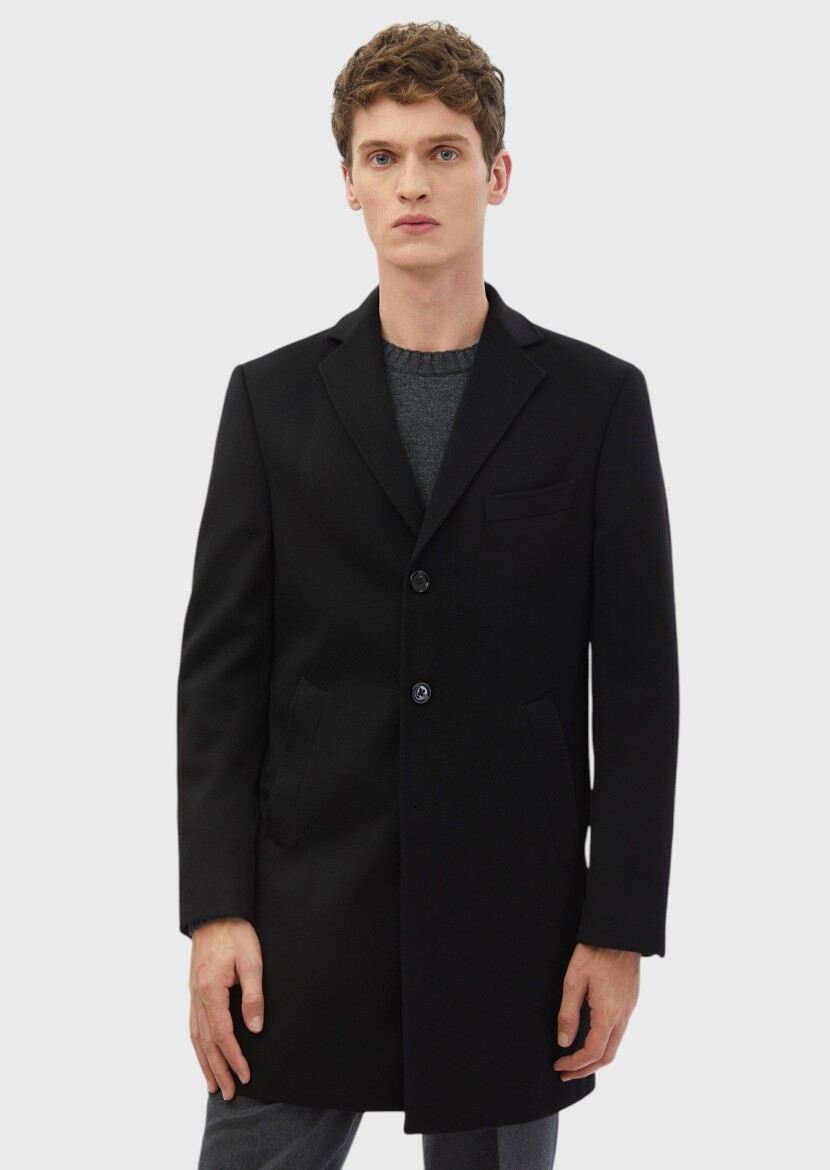 Black Regular Fit Butterfly Collar Classical Weaving Overcoat - RAMSEY