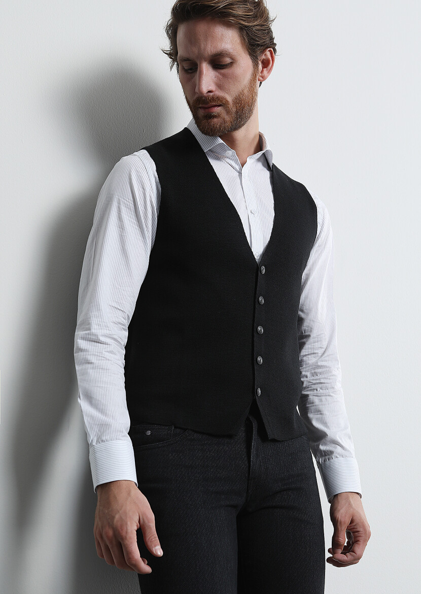 Black Regular Fit Casual Knitting Knit Vest - 1