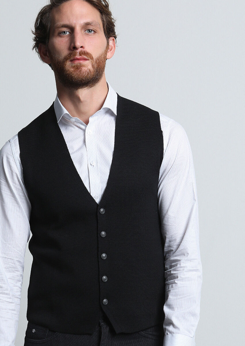 Black Regular Fit Casual Knitting Knit Vest - 2