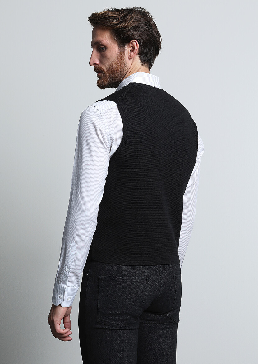 Black Regular Fit Casual Knitting Knit Vest - 5