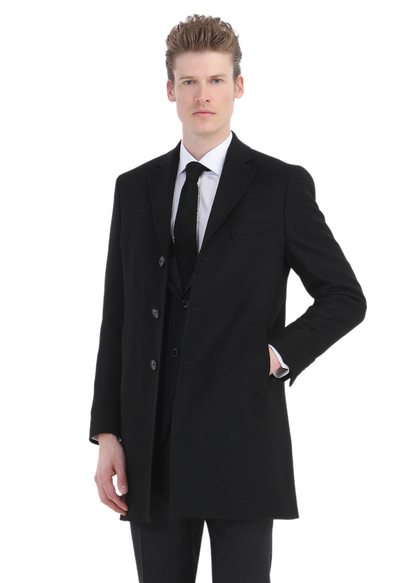 Black Regular Fit Classical Weaving Overcoat - 5