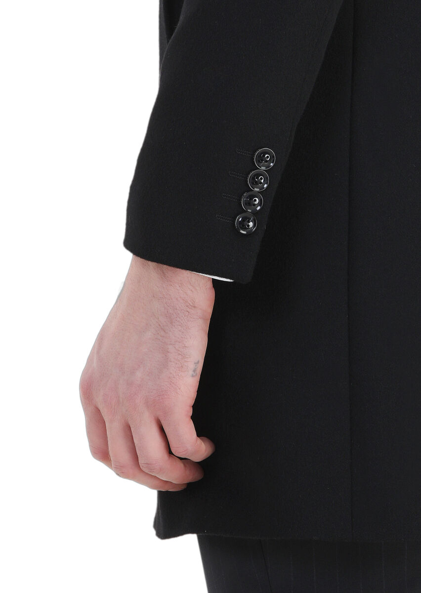 Black Regular Fit Classical Weaving Overcoat - 6