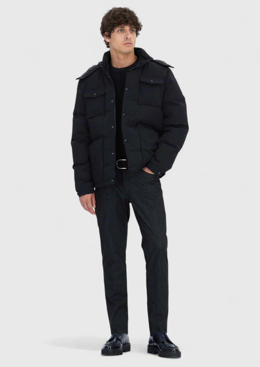 Black Regular Fit Hooded Casual Weaving Coat - RAMSEY