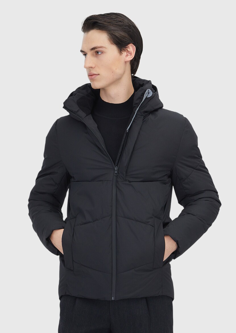 Black Regular Fit Hooded Casual Weaving Coat - RAMSEY