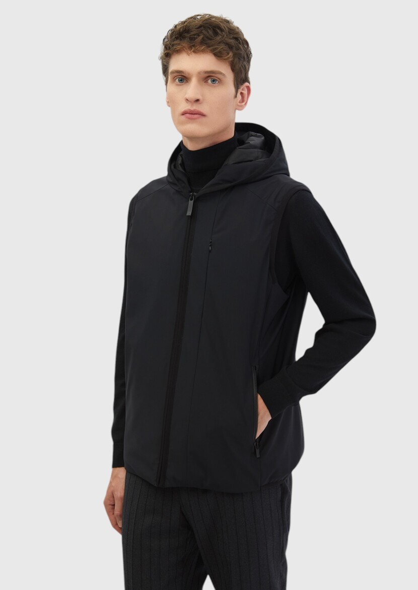 Black Regular Fit Hooded Casual Weaving Puffer Vest - RAMSEY