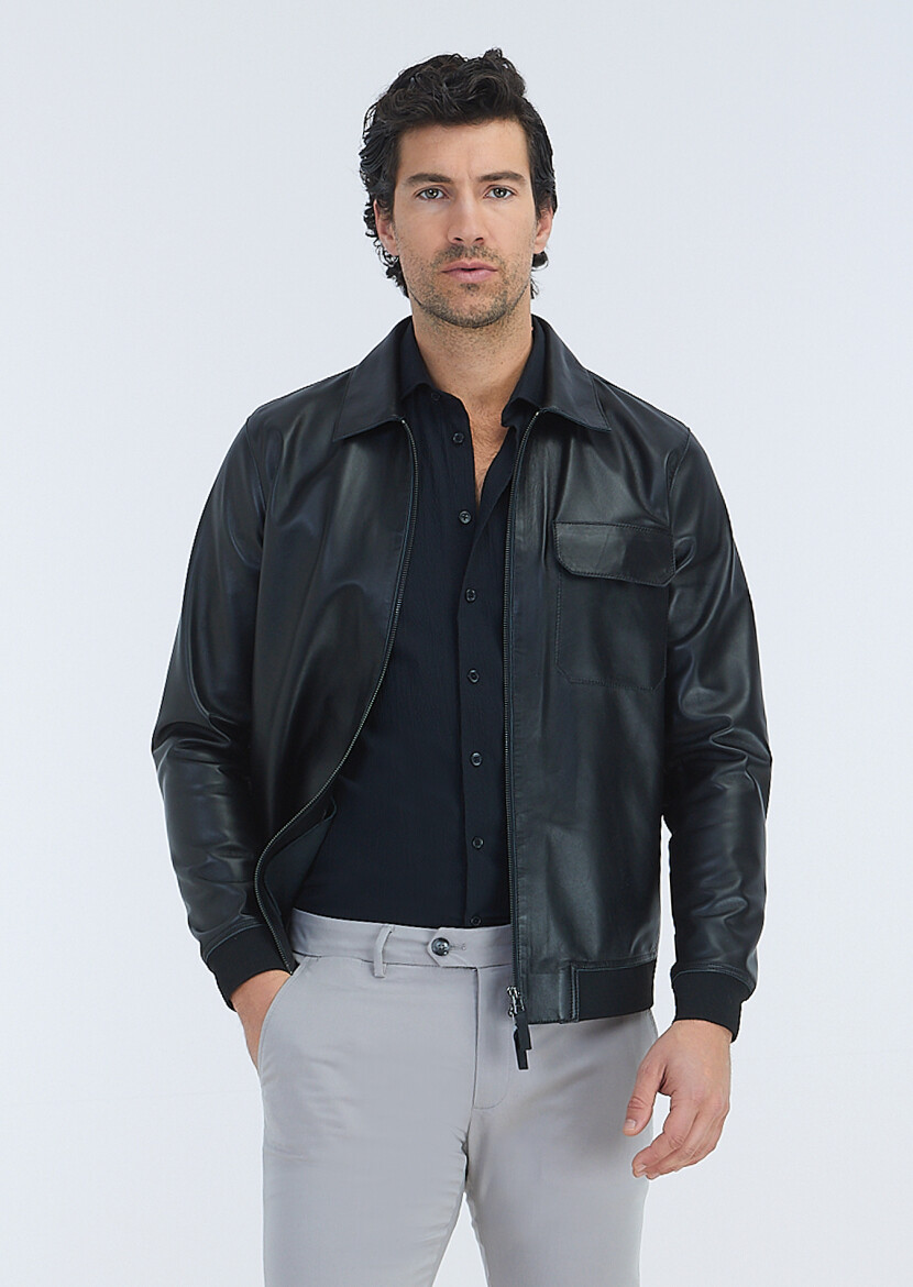 Black Regular Fit Shirt Collar Casual Leather Leather Coat - RAMSEY