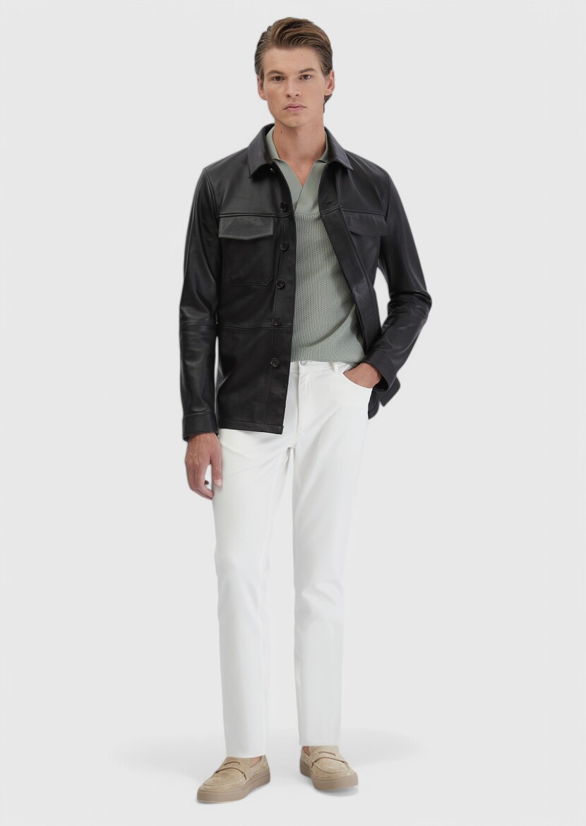 Black Regular Fit Shirt Collar Casual Sheep Leather Leather Coat - RAMSEY