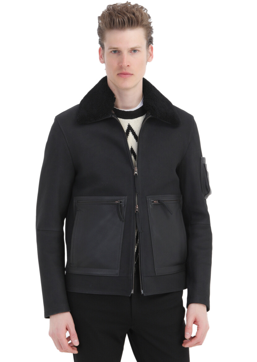 Black Regular Fit Shirt Collar Casual Suede Leather Coat - RAMSEY