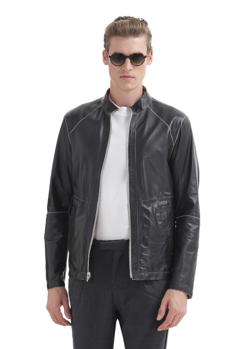 Black Regular Fit Turtleneck Casual Suede Double-Sided Leather Coat - RAMSEY