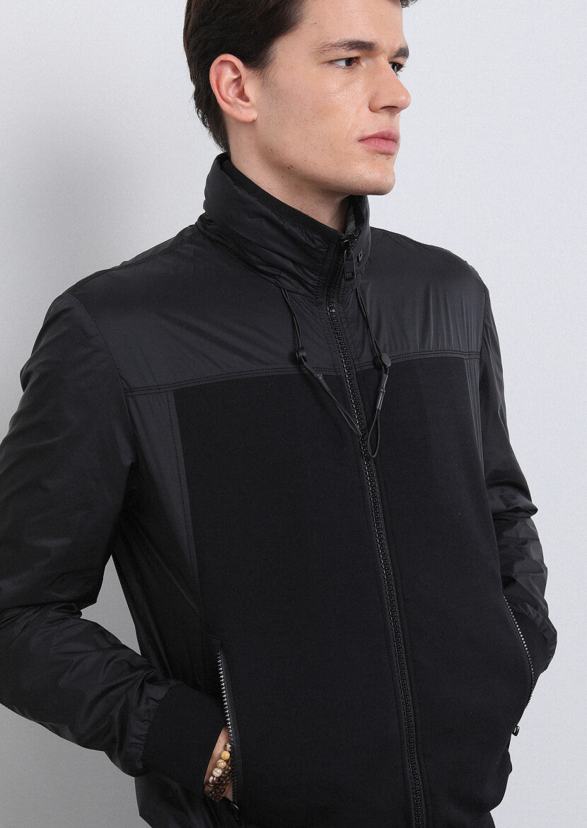 Black Regular Fit Turtleneck Casual Weaving Coat - 2
