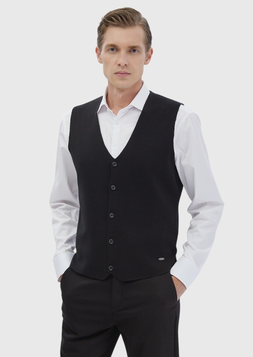 Black Regular Fit V-Neck Casual Knitting Knit Vest - RAMSEY