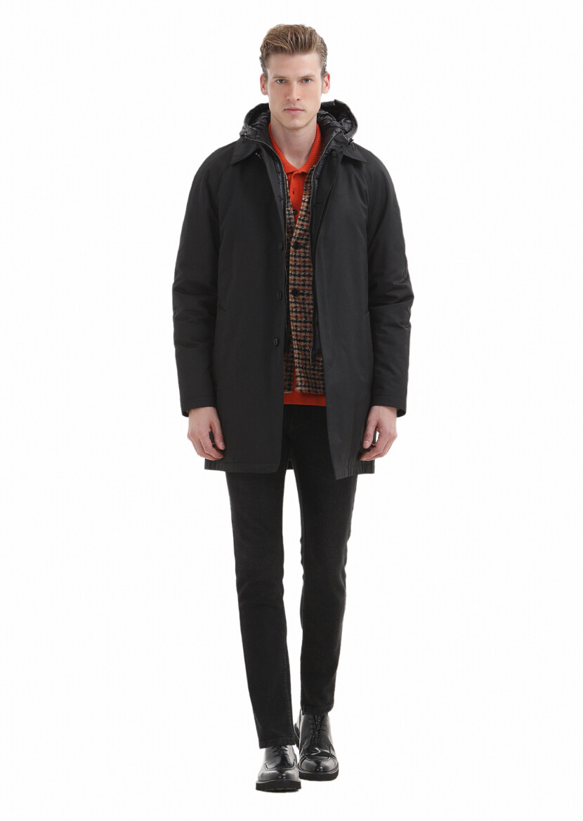 Black Removable Hood Weaving Rain Coat 