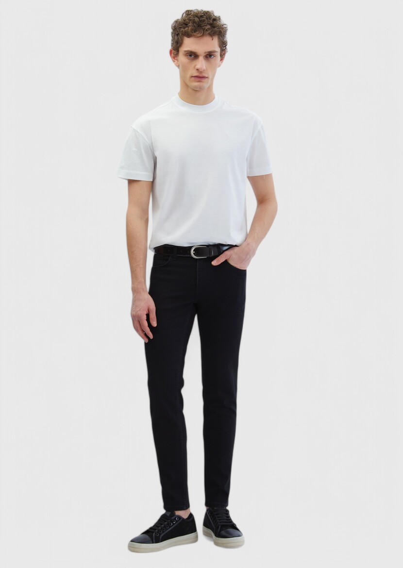 Black Slim Fit Denim Cotton Blended Trousers - RAMSEY