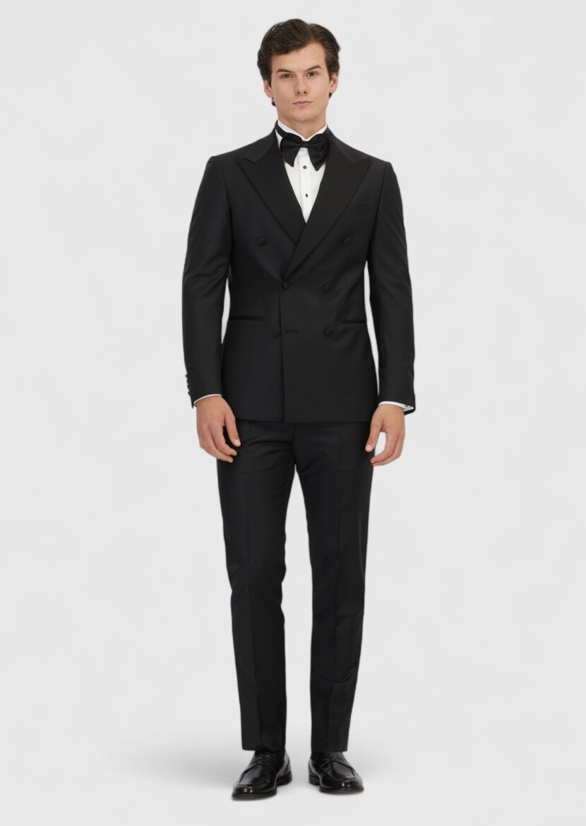 Black Slim Fit Double Breasted Collar Weaving Tuxedo - RAMSEY