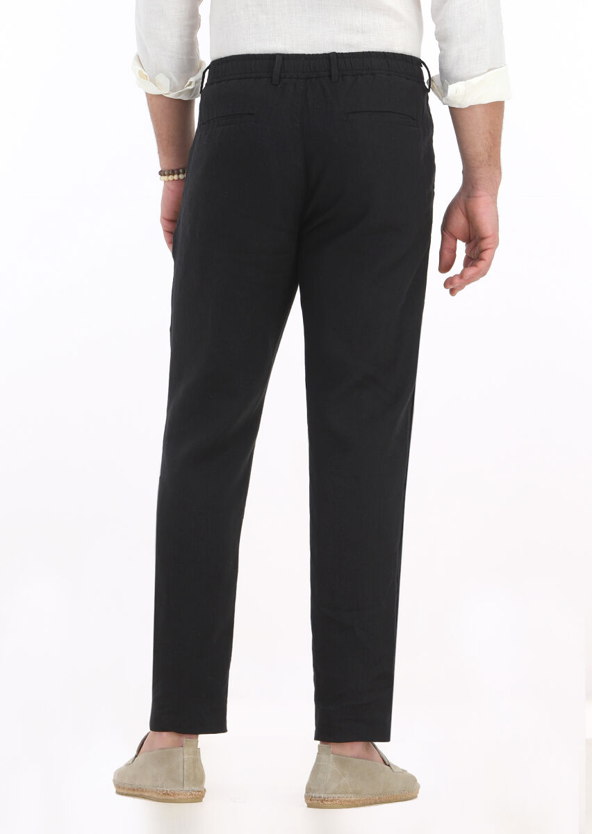 Black Weaving Jogging Fit Casual 100% Linen Trousers - 4